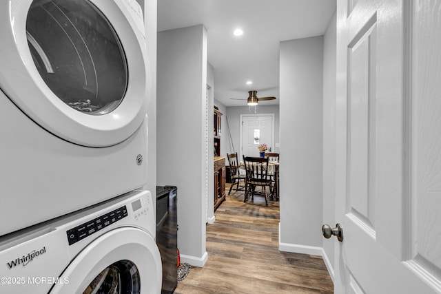 208 Hilltop Blvd, Cliffwood, NJ 07735 - laundry area with stacked washer / drying machine, wood finished floors, recessed lighting, and a ceiling fan