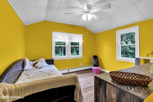 208 Hilltop Blvd, Cliffwood, NJ 07735 - bedroom featuring baseboard heating, wood finished floors, multiple windows, lofted ceiling, and a ceiling fan