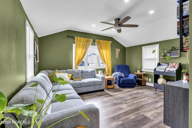 208 Hilltop Blvd, Cliffwood, NJ 07735 - living room with ceiling fan, lofted ceiling, wood finished floors, and recessed lighting