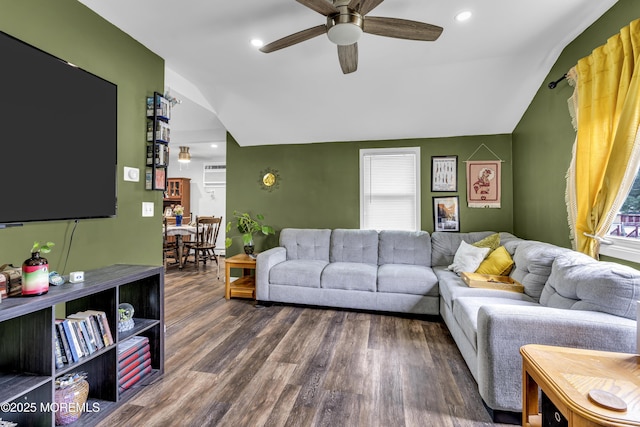 208 Hilltop Blvd, Cliffwood, NJ 07735 - living room with lofted ceiling, a ceiling fan, wood finished floors, and recessed lighting