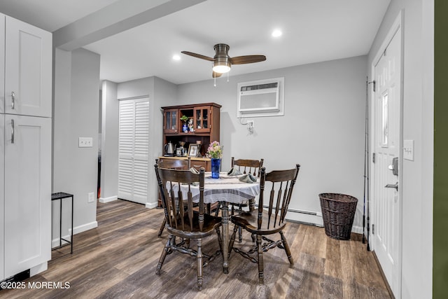 208 Hilltop Blvd, Cliffwood, NJ 07735 - dining room with wood finished floors, ceiling fan, a baseboard heating unit, a wall mounted air conditioner, and recessed lighting