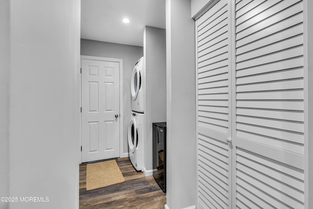 208 Hilltop Blvd, Cliffwood, NJ 07735 - washroom featuring stacked washing machine and dryer, dark wood-style floors, and recessed lighting