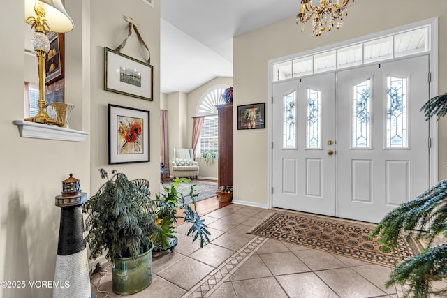 43 Bradley Beach Way, Waretown, NJ 08758 - foyer with tile patterned floors, a chandelier, and vaulted ceiling