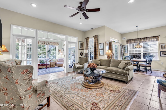 43 Bradley Beach Way, Waretown, NJ 08758 - living room with a chandelier, recessed lighting, ceiling fan, and light tile patterned floors