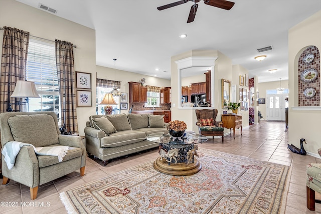 43 Bradley Beach Way, Waretown, NJ 08758 - living room featuring a ceiling fan, light tile patterned flooring, a chandelier, and recessed lighting