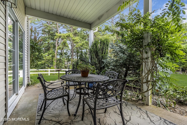 43 Bradley Beach Way, Waretown, NJ 08758 - view of patio / terrace featuring outdoor dining area and view of wooded area