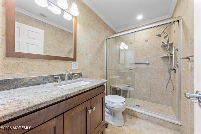 363 Yorkshire Pl, Morganville, NJ 07751 - bathroom featuring ornamental molding, vanity, a shower stall, tile walls, and tile patterned flooring