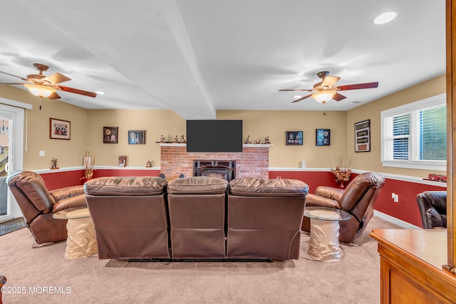 1617 Doris St, Wall, NJ 07719 - living room with ceiling fan, light carpet, a brick fireplace, and recessed lighting