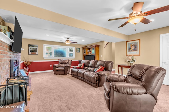 1617 Doris St, Wall, NJ 07719 - living area with ceiling fan, carpet, a brick fireplace, and recessed lighting