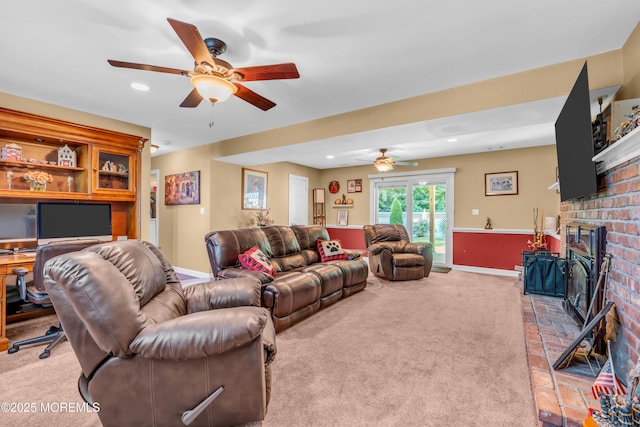 1617 Doris St, Wall, NJ 07719 - living area featuring ceiling fan, a fireplace, carpet flooring, and recessed lighting