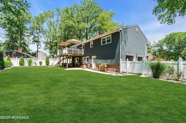 1617 Doris St, Wall, NJ 07719 - rear view of house with a deck, a fenced backyard, stairway, a patio area, and a chimney