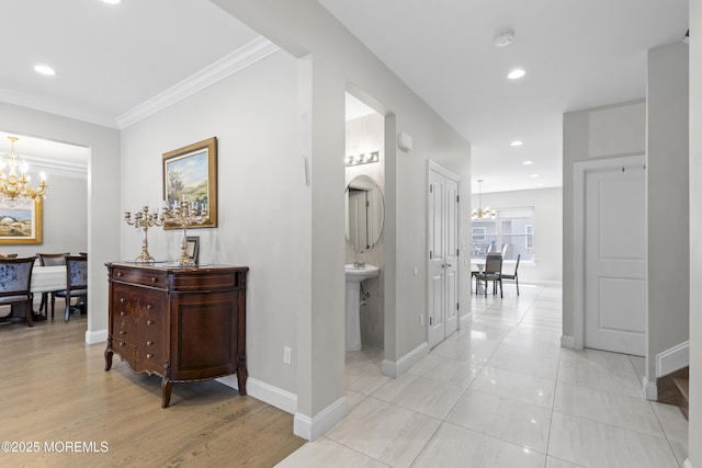 94 Bradhurst Ave, Lakewood, NJ 08701 - hall with a chandelier, crown molding, recessed lighting, and light tile patterned flooring