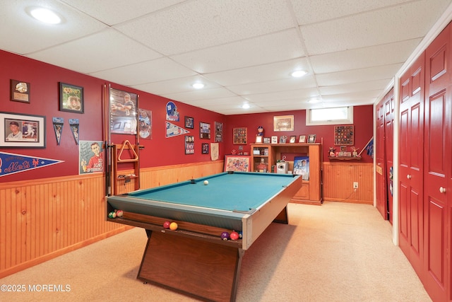 8 N Cherokee Ln, Brick, NJ 08724 - recreation room featuring a paneled ceiling, a wainscoted wall, carpet, wood walls, and billiards