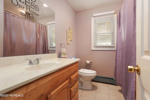 8 N Cherokee Ln, Brick, NJ 08724 - bathroom with baseboard heating, tile patterned flooring, vanity, and a shower with curtain