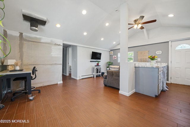 1417 Beach Blvd, Forked River, NJ 08731 - interior space with a ceiling fan, healthy amount of natural light, vaulted ceiling, a baseboard heating unit, and wood finished floors