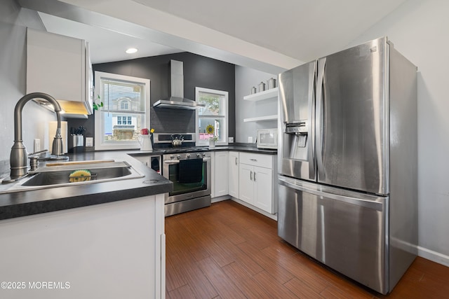 1417 Beach Blvd, Forked River, NJ 08731 - kitchen featuring appliances with stainless steel finishes, wall chimney exhaust hood, open shelves, dark countertops, and white cabinetry