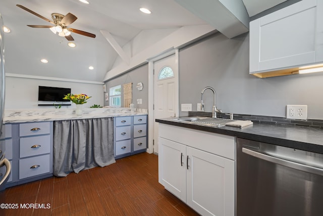 1417 Beach Blvd, Forked River, NJ 08731 - kitchen with dishwasher, a ceiling fan, white cabinetry, dark wood-style floors, and lofted ceiling