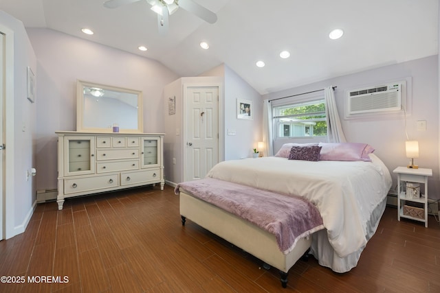 1417 Beach Blvd, Forked River, NJ 08731 - bedroom with vaulted ceiling, an AC wall unit, recessed lighting, dark wood-style floors, and a ceiling fan