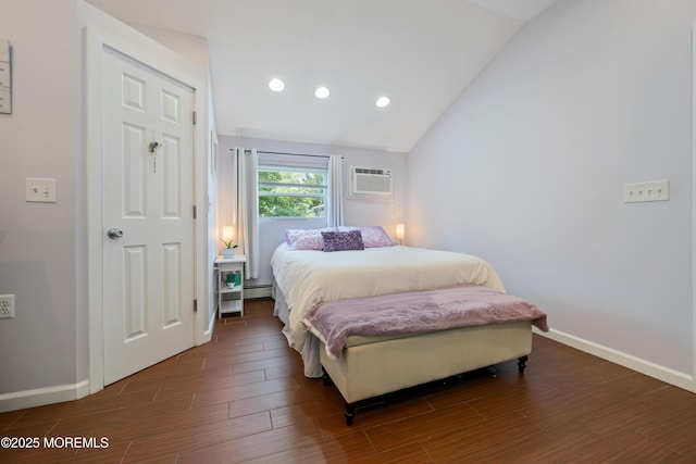 1417 Beach Blvd, Forked River, NJ 08731 - bedroom featuring a wall mounted air conditioner, lofted ceiling, wood finished floors, a baseboard heating unit, and recessed lighting