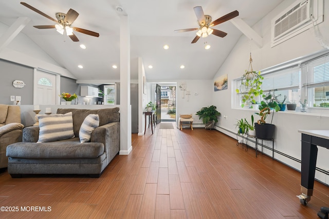 1417 Beach Blvd, Forked River, NJ 08731 - living area featuring ceiling fan, plenty of natural light, beam ceiling, wood finished floors, and recessed lighting