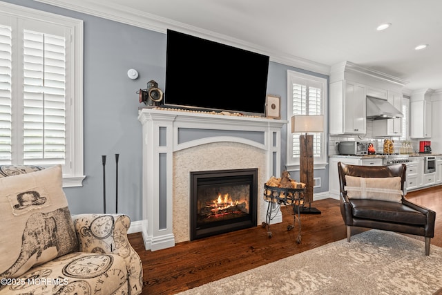 114 3rd Ave, Bradley Beach, NJ 07720 - living area featuring wood finished floors, crown molding, a glass covered fireplace, and recessed lighting