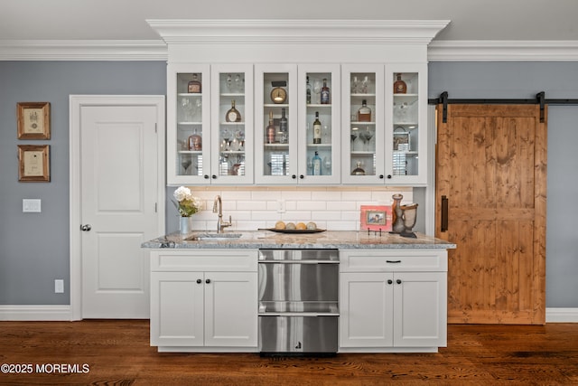 114 3rd Ave, Bradley Beach, NJ 07720 - bar featuring crown molding, dishwasher, tasteful backsplash, dark wood-style flooring, and a barn door