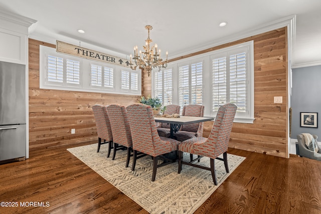 114 3rd Ave, Bradley Beach, NJ 07720 - dining room featuring wood walls, a chandelier, crown molding, wood finished floors, and recessed lighting