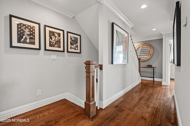 114 3rd Ave, Bradley Beach, NJ 07720 - hallway with wood finished floors, crown molding, recessed lighting, and an upstairs landing