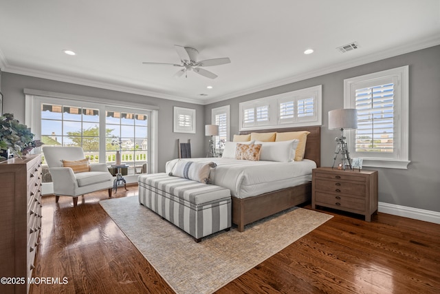114 3rd Ave, Bradley Beach, NJ 07720 - bedroom featuring dark wood-type flooring, multiple windows, recessed lighting, ornamental molding, and ceiling fan