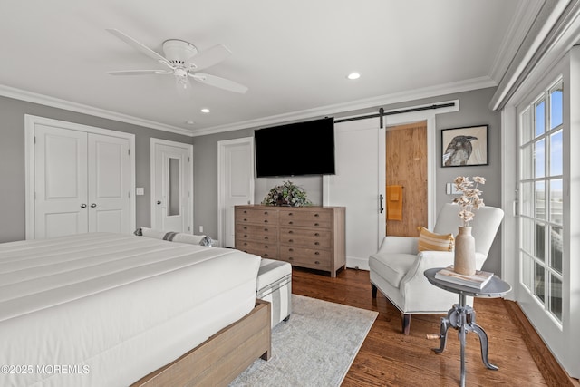114 3rd Ave, Bradley Beach, NJ 07720 - bedroom with wood finished floors, ornamental molding, recessed lighting, two closets, and ceiling fan