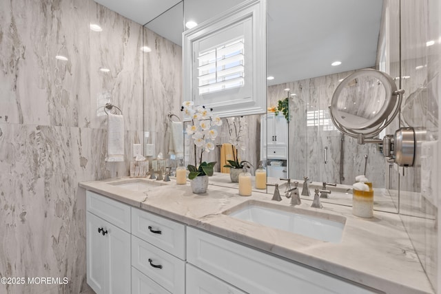 114 3rd Ave, Bradley Beach, NJ 07720 - full bath featuring double vanity, tile walls, recessed lighting, and tasteful backsplash