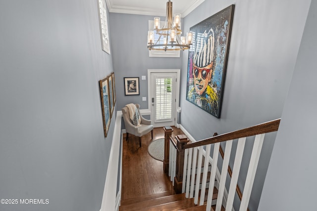 114 3rd Ave, Bradley Beach, NJ 07720 - stairs with a chandelier, wood finished floors, and crown molding