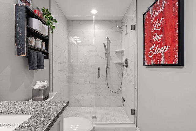 114 3rd Ave, Bradley Beach, NJ 07720 - bathroom with vanity, a marble finish shower, and recessed lighting