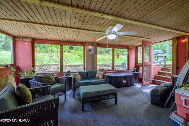 2 Darien Cir, Howell, NJ 07731 - living room featuring ceiling fan, wooden ceiling, and carpet
