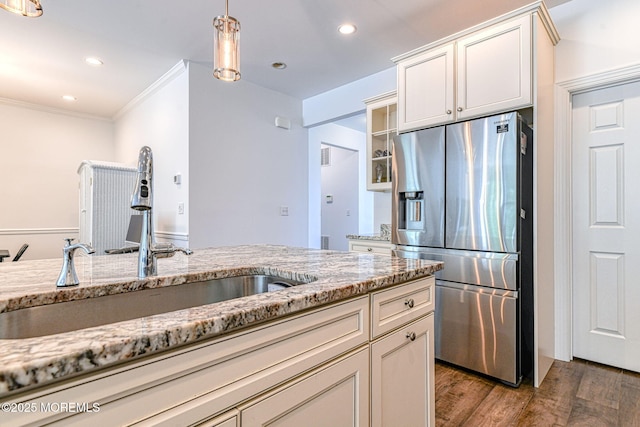 14 Festival Ct, Howell, NJ 07731 - kitchen with stainless steel fridge with ice dispenser, light wood-type flooring, ornamental molding, light stone counters, and pendant lighting
