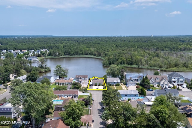 52 Kettle Creek Dr, Brick, NJ 08723 - aerial perspective of suburban area with property boundaries highlighted and a nearby body of water