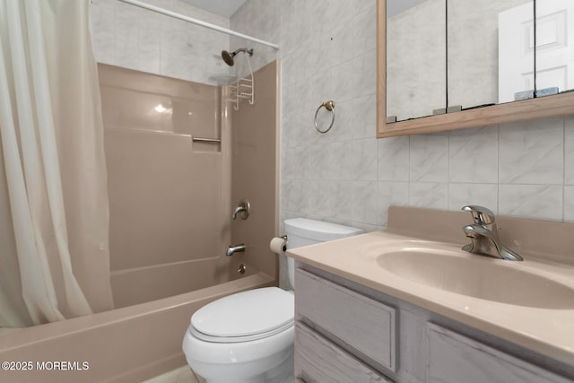 52 Kettle Creek Dr, Brick, NJ 08723 - full bathroom with tile walls, shower / bath combination with curtain, vanity, and backsplash
