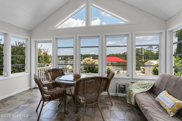 52 Kettle Creek Dr, Brick, NJ 08723 - sunroom / solarium featuring vaulted ceiling, stone tile flooring, and a water view
