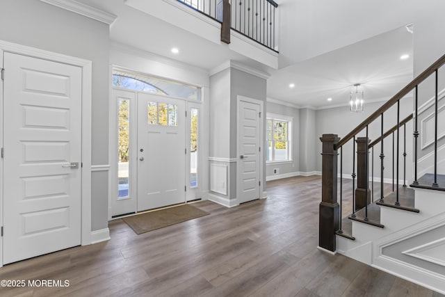837 Naryshkin Way, Toms River, NJ 08753 - foyer entrance with stairway, wood finished floors, a chandelier, recessed lighting, and crown molding