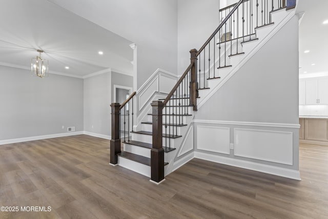 837 Naryshkin Way, Toms River, NJ 08753 - stairs featuring crown molding, wood finished floors, recessed lighting, and a chandelier