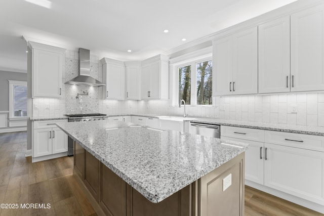 837 Naryshkin Way, Toms River, NJ 08753 - kitchen featuring wall chimney exhaust hood, stainless steel appliances, dark wood-style flooring, recessed lighting, and white cabinets