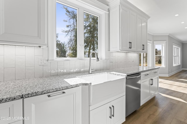 837 Naryshkin Way, Toms River, NJ 08753 - kitchen with stainless steel dishwasher, healthy amount of natural light, backsplash, dark wood-type flooring, and ornamental molding