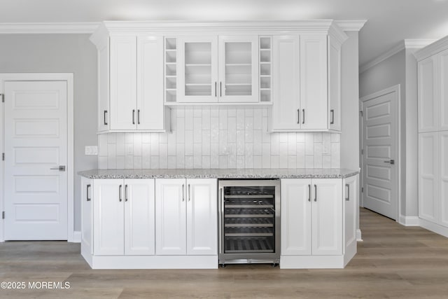 837 Naryshkin Way, Toms River, NJ 08753 - bar featuring beverage cooler, tasteful backsplash, light wood finished floors, and ornamental molding