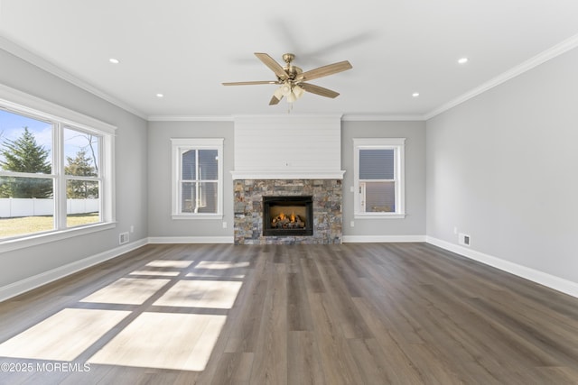837 Naryshkin Way, Toms River, NJ 08753 - unfurnished living room with a ceiling fan, wood finished floors, recessed lighting, a fireplace, and ornamental molding