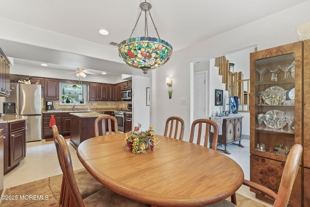 58 Old Bridge Dr, Howell, NJ 07731 - dining space featuring light tile patterned floors, ceiling fan, and recessed lighting