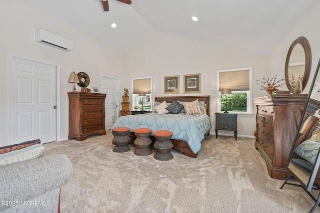 58 Old Bridge Dr, Howell, NJ 07731 - bedroom featuring a wall unit AC, light colored carpet, high vaulted ceiling, a ceiling fan, and recessed lighting