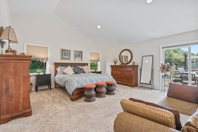 58 Old Bridge Dr, Howell, NJ 07731 - bedroom with access to outside, light colored carpet, and high vaulted ceiling