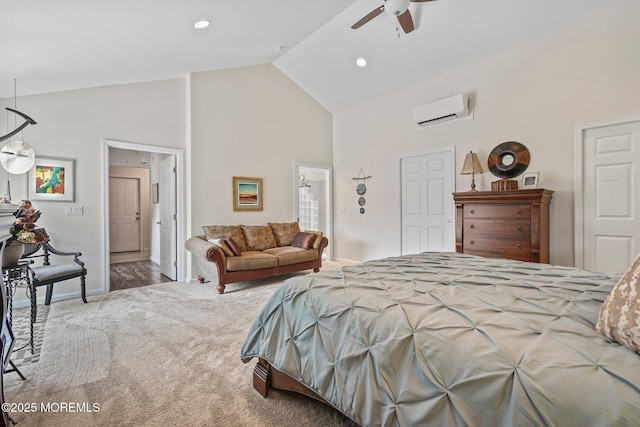 58 Old Bridge Dr, Howell, NJ 07731 - carpeted bedroom featuring a wall mounted air conditioner, high vaulted ceiling, and ceiling fan