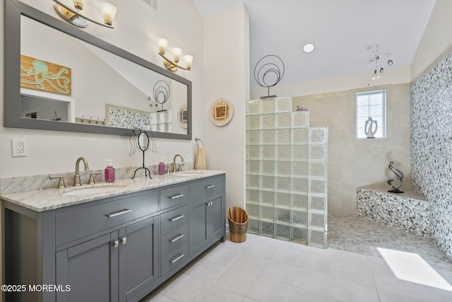 58 Old Bridge Dr, Howell, NJ 07731 - full bath featuring double vanity, walk in shower, tile patterned floors, and vaulted ceiling