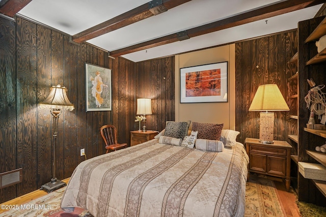 58 Old Bridge Dr, Howell, NJ 07731 - bedroom featuring wood walls, wood finished floors, and beamed ceiling